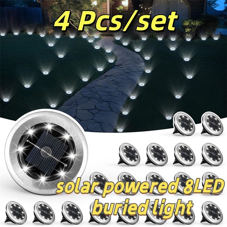 4 pcs/set Outdoor solar powered 8LED stainless steel buried light, courtyard lawn light, road garden ground plug-in light