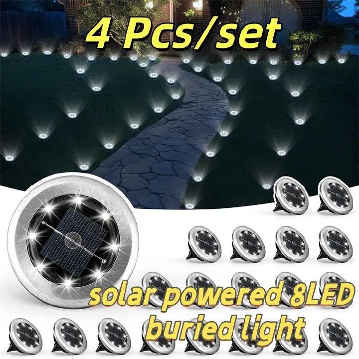 4 pcs/set Outdoor solar powered 8LED stainless steel buried light, courtyard lawn light, road garden ground plug-in light