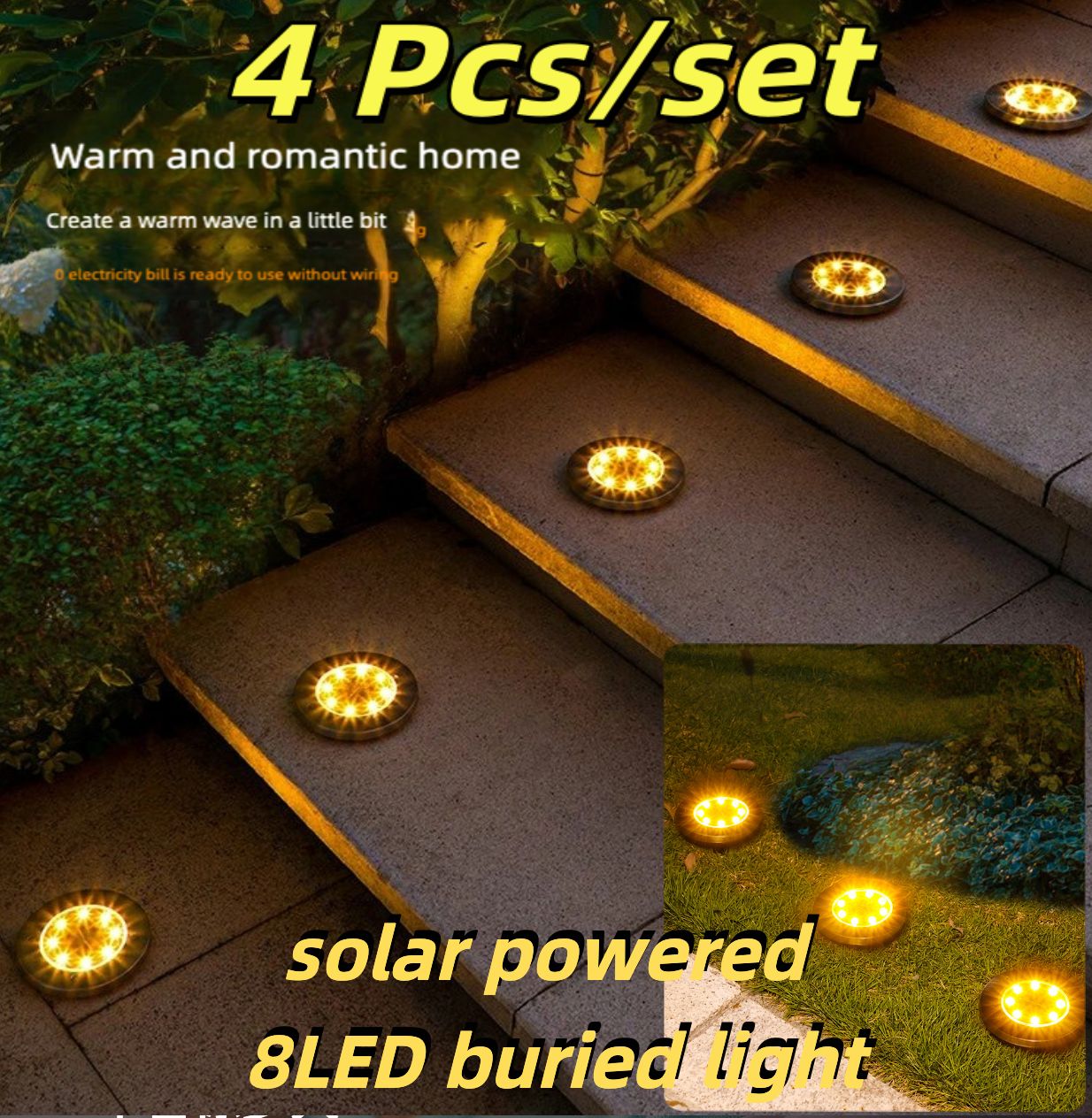 4Pcs/set Outdoor solar powered 8LED stainless steel buried light, courtyard lawn light, road garden ground plug-in light