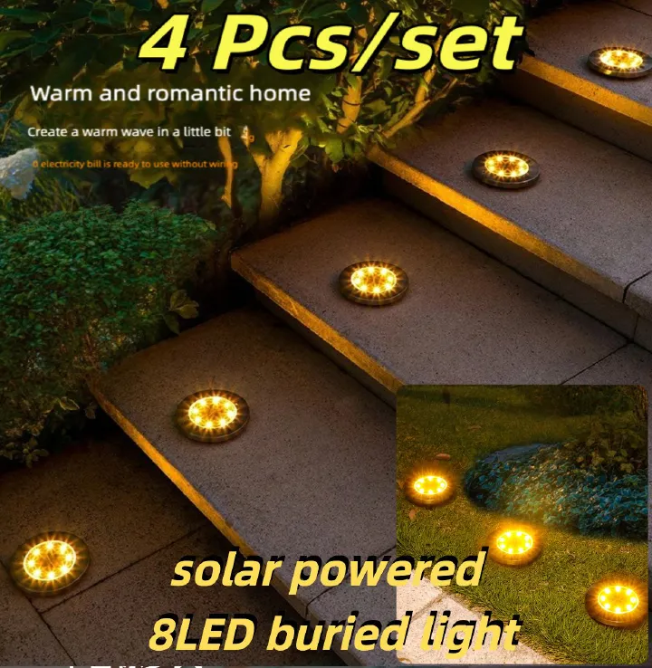 4Pcs/set Outdoor solar powered 8LED stainless steel buried light, courtyard lawn light, road garden ground plug-in light