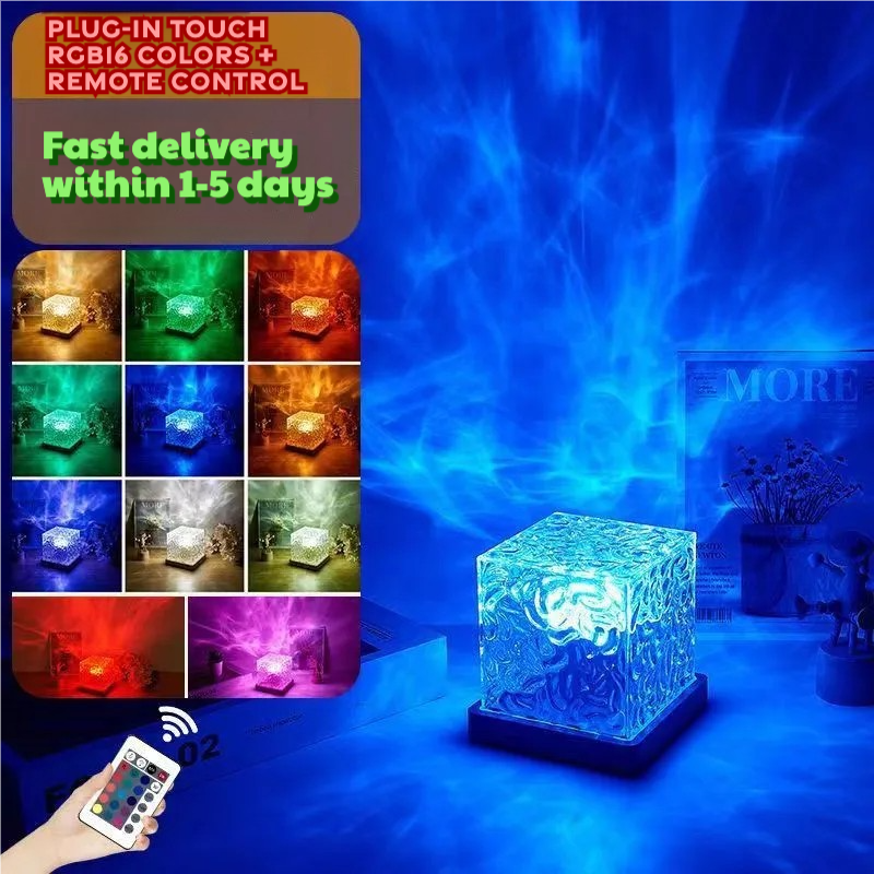 Square Water Ripple Atmosphere Lamp, Bedside Night Light, Flame Aurora Dynamic Light Creative Girl Gift Bedhead Bedroom Flame Aurora Dynamic Desk Lamp