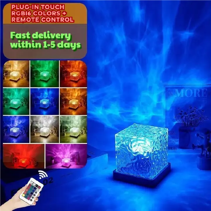 Square Water Ripple Atmosphere Lamp, Bedside Night Light, Flame Aurora Dynamic Light Creative Girl Gift Bedhead Bedroom Flame Aurora Dynamic Desk Lamp