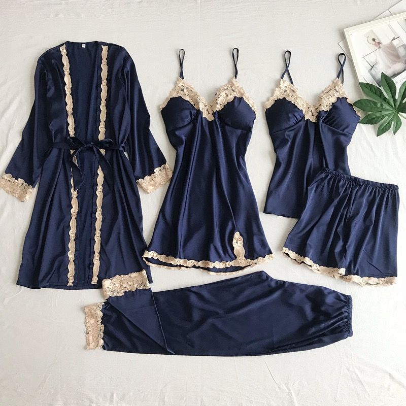 5-piece Set Women's Pajamas Lingerie Suit Nightwear pajamas and nightgowns luxury V-neck , lace satin camisole, three-quarter sleeve nightgown wholesale