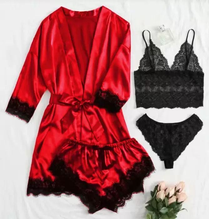 4-piece Set  Women's Pajamas Lingerie Suit Nightwear pajamas and nightgowns luxury V-neck , lace satin camisole, three-quarter sleeve nightgown wholesale