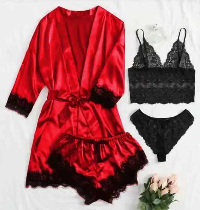 4-piece Set  Women's Pajamas Lingerie Suit Nightwear pajamas and nightgowns luxury V-neck , lace satin camisole, three-quarter sleeve nightgown wholesale