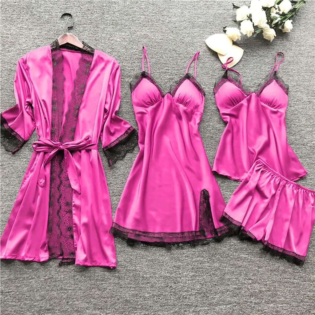 4pcs pajamas and nightgowns luxury V-neck , lace satin camisole, three-quarter sleeve nightgown wholesale Pajama Sets Nightgown Underwear Nightdress Suit