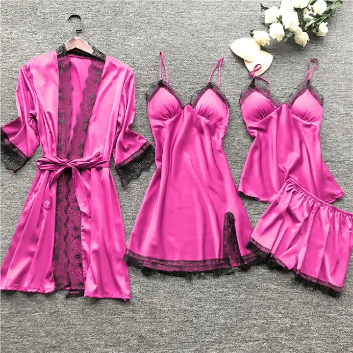 4pcs pajamas and nightgowns luxury V-neck , lace satin camisole, three-quarter sleeve nightgown wholesale Pajama Sets Nightgown Underwear Nightdress Suit