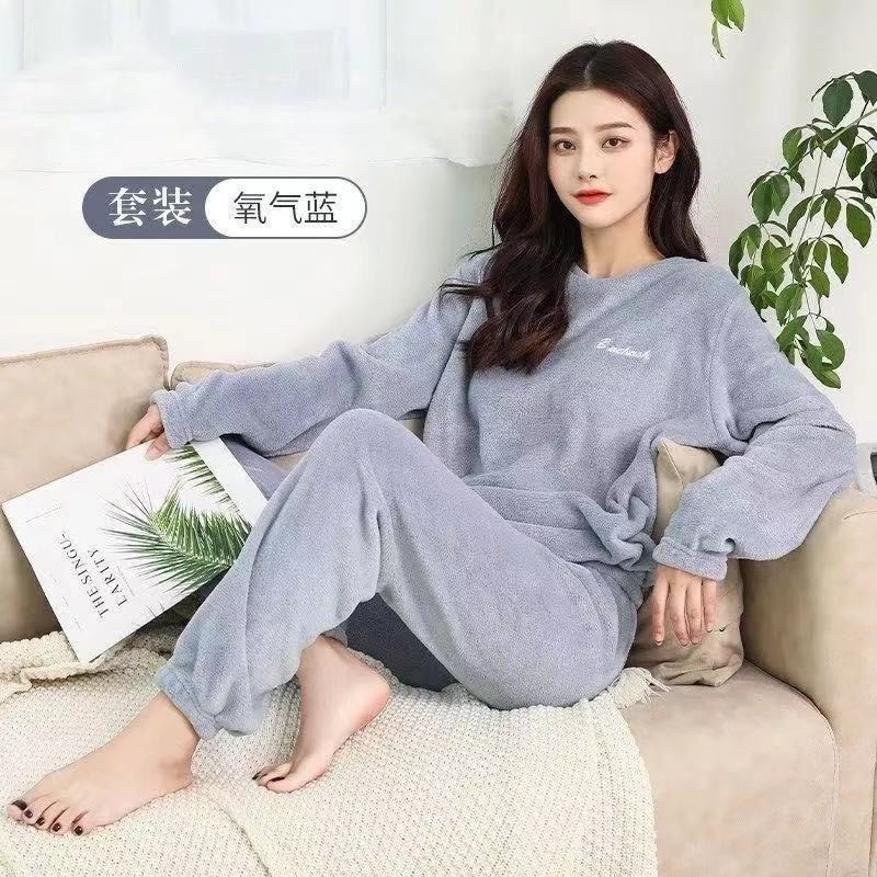 2 pieces set Pajamas Coral fleece men's and women's winter warm and plush thick loose home clothes sleepwear sportswear outerwear