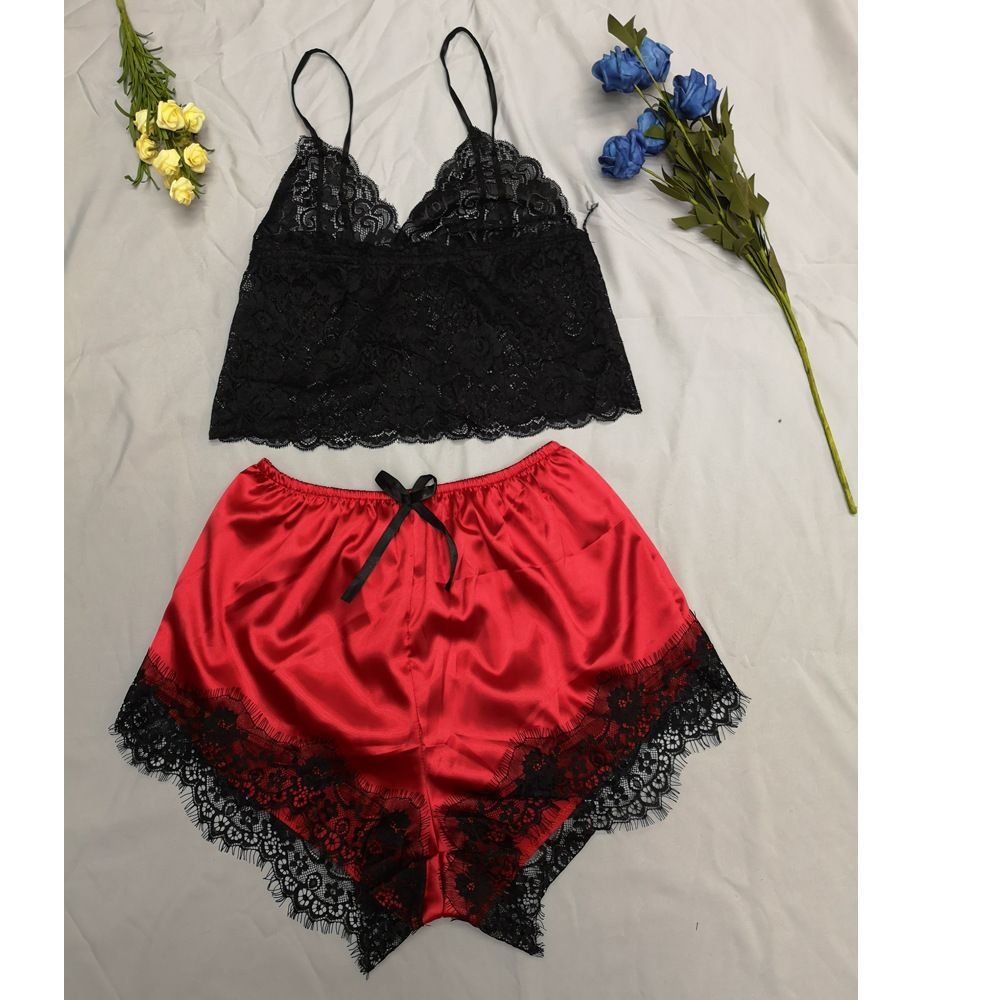 4-piece Set  Women's Pajamas Lingerie Suit Nightwear pajamas and nightgowns luxury V-neck , lace satin camisole, three-quarter sleeve nightgown wholesale