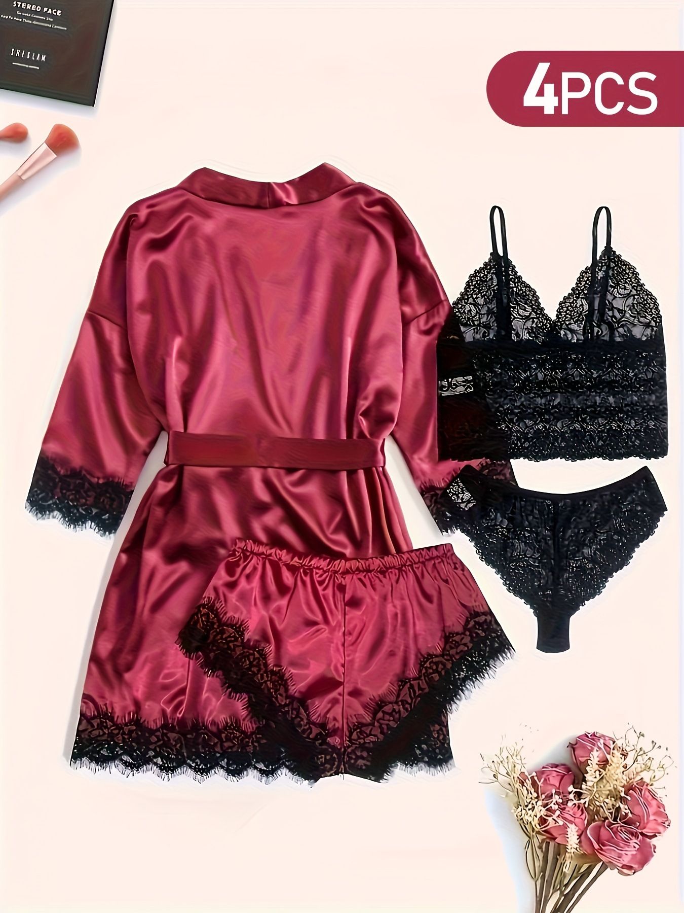 4-piece Set  Women's Pajamas Lingerie Suit Nightwear pajamas and nightgowns luxury V-neck , lace satin camisole, three-quarter sleeve nightgown wholesale
