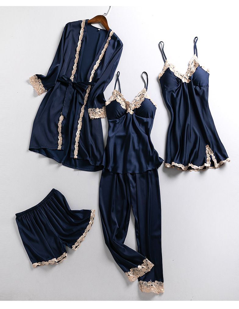 5-piece Set Women's Pajamas Lingerie Suit Nightwear pajamas and nightgowns luxury V-neck , lace satin camisole, three-quarter sleeve nightgown wholesale