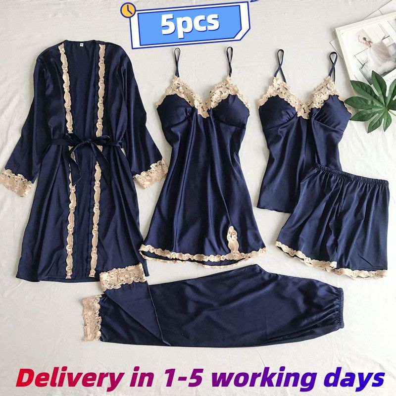 5-piece Set Women's Pajamas Lingerie Suit Nightwear pajamas and nightgowns luxury V-neck , lace satin camisole, three-quarter sleeve nightgown wholesale
