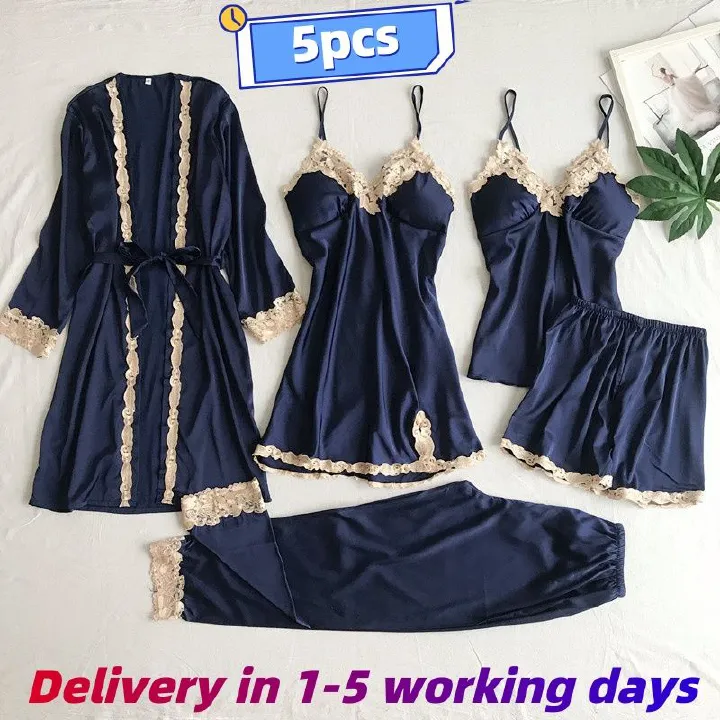 5-piece Set Women's Pajamas Lingerie Suit Nightwear pajamas and nightgowns luxury V-neck , lace satin camisole, three-quarter sleeve nightgown wholesale