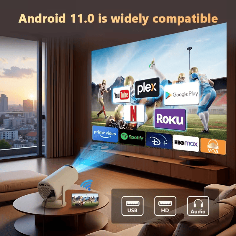 Portable HY300 HD Projector for Home/Outdoor Use - Android 11 Built-in, Easy Phone Casting, Includes HDMI & 16G Drive