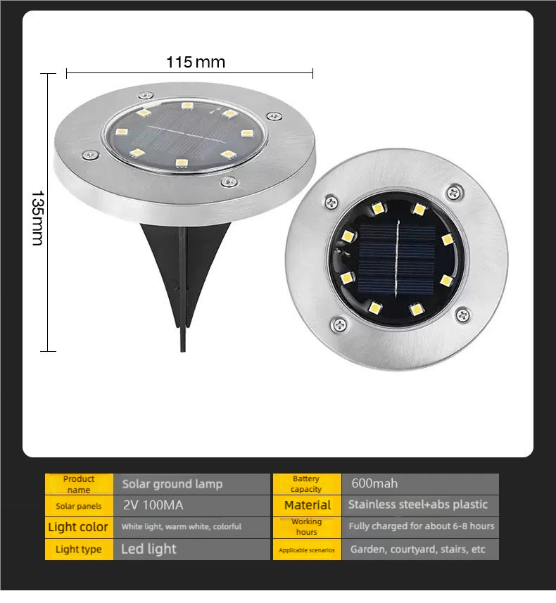 4Pcs/set Outdoor solar powered 8LED stainless steel buried light, courtyard lawn light, road garden ground plug-in light