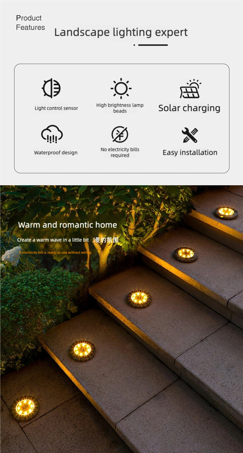 4 pcs/set Outdoor solar powered 8LED stainless steel buried light, courtyard lawn light, road garden ground plug-in light