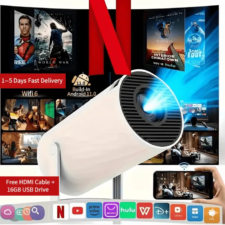 Portable HY300 HD Projector for Home/Outdoor Use - Android 11 Built-in, Easy Phone Casting, Includes HDMI & 16G Drive