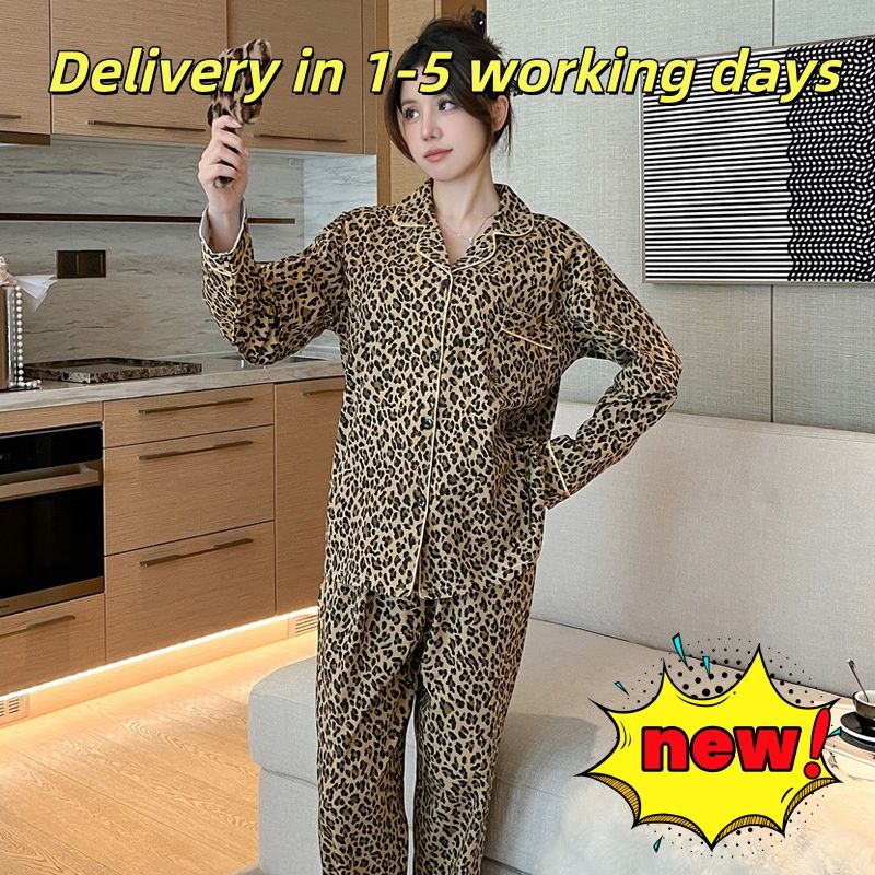 Women's 2-piece pajama set leopard print long-sleeved  with top and pants for autumn and winter casual loungewear