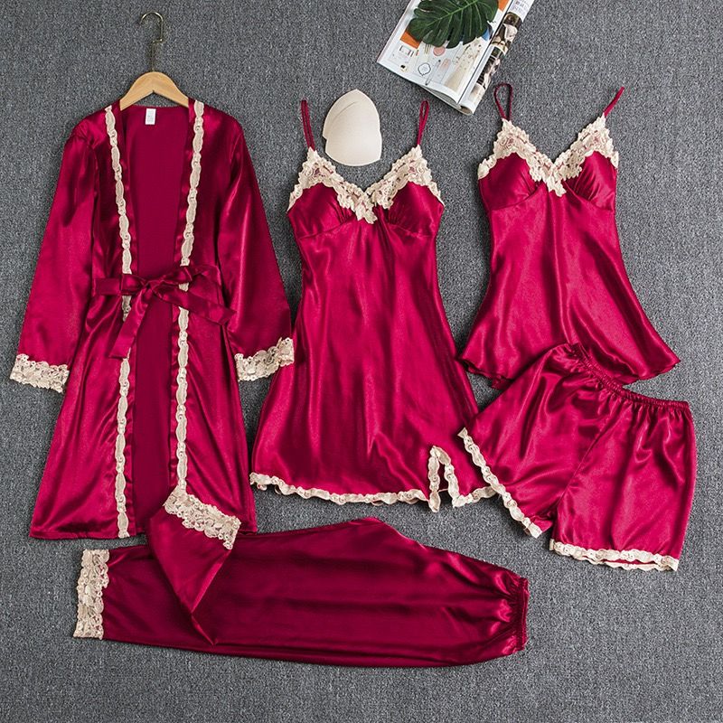 5-piece Set Women's Pajamas Lingerie Suit Nightwear pajamas and nightgowns luxury V-neck , lace satin camisole, three-quarter sleeve nightgown wholesale