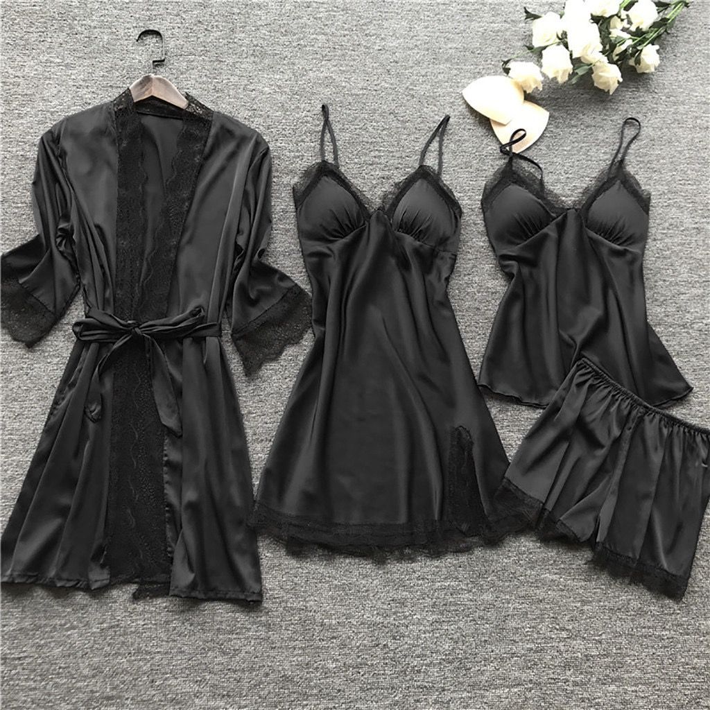 4pcs pajamas and nightgowns luxury V-neck , lace satin camisole, three-quarter sleeve nightgown wholesale Pajama Sets Nightgown Underwear Nightdress Suit