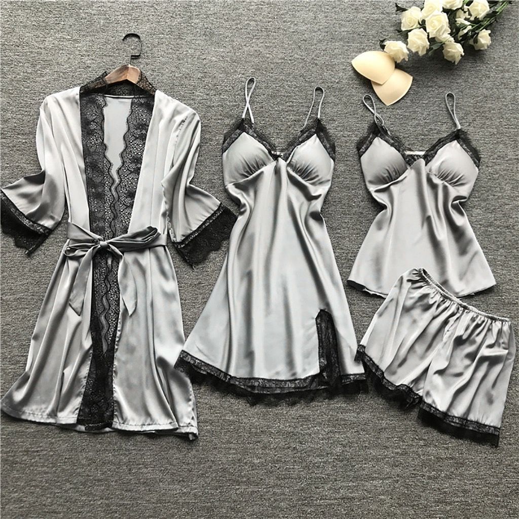4pcs pajamas and nightgowns luxury V-neck , lace satin camisole, three-quarter sleeve nightgown wholesale Pajama Sets Nightgown Underwear Nightdress Suit