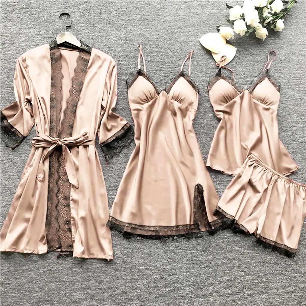 4pcs pajamas and nightgowns luxury V-neck , lace satin camisole, three-quarter sleeve nightgown wholesale Pajama Sets Nightgown Underwear Nightdress Suit