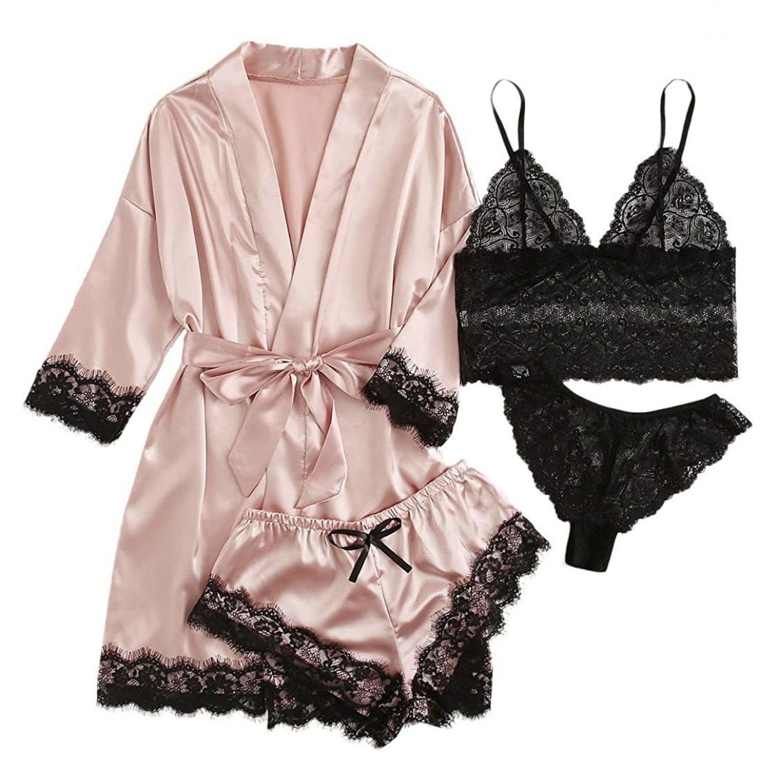 4-piece Set  Women's Pajamas Lingerie Suit Nightwear pajamas and nightgowns luxury V-neck , lace satin camisole, three-quarter sleeve nightgown wholesale