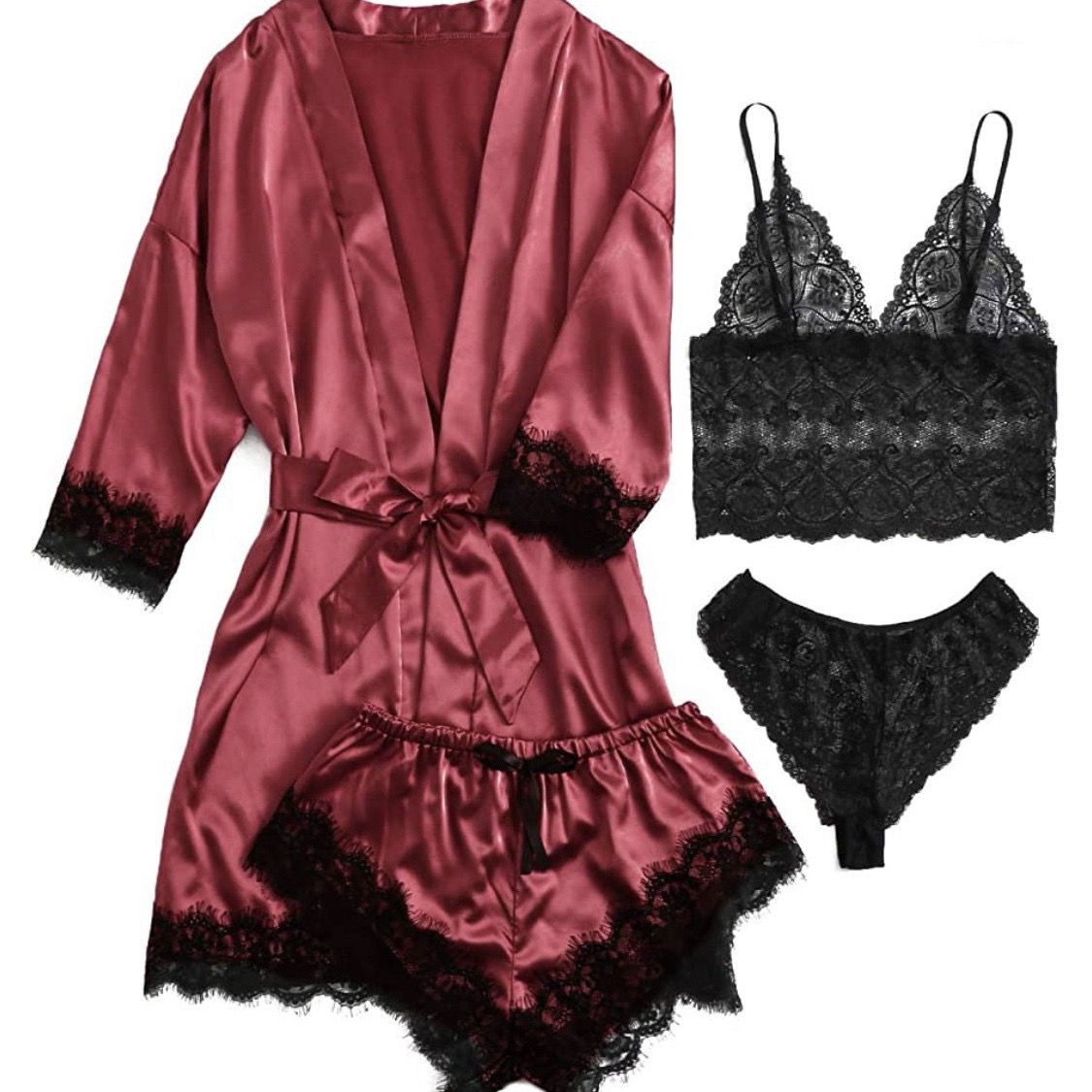 4-piece Set  Women's Pajamas Lingerie Suit Nightwear pajamas and nightgowns luxury V-neck , lace satin camisole, three-quarter sleeve nightgown wholesale