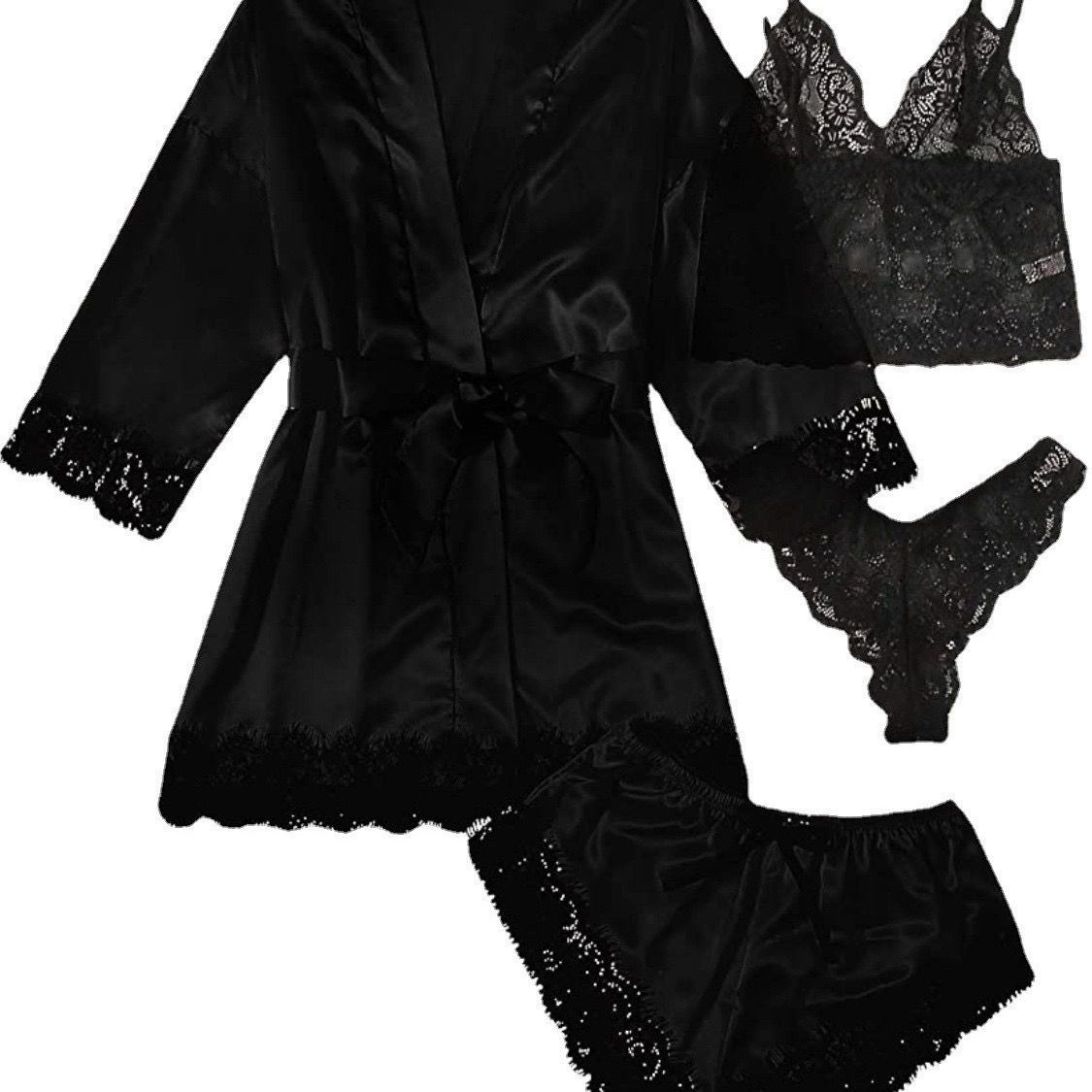 4-piece Set  Women's Pajamas Lingerie Suit Nightwear pajamas and nightgowns luxury V-neck , lace satin camisole, three-quarter sleeve nightgown wholesale