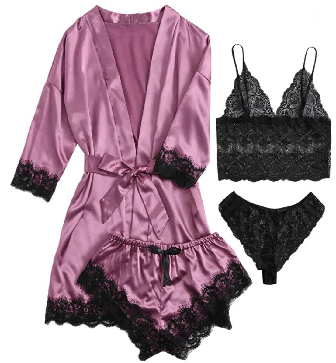 4-piece Set  Women's Pajamas Lingerie Suit Nightwear pajamas and nightgowns luxury V-neck , lace satin camisole, three-quarter sleeve nightgown wholesale