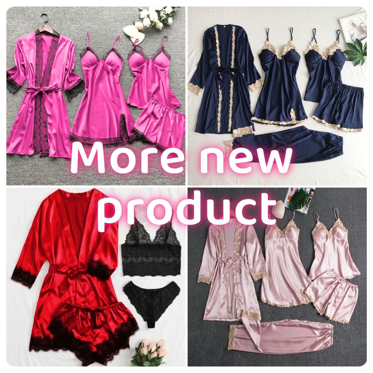 4pcs pajamas and nightgowns luxury V-neck , lace satin camisole, three-quarter sleeve nightgown wholesale Pajama Sets Nightgown Underwear Nightdress Suit