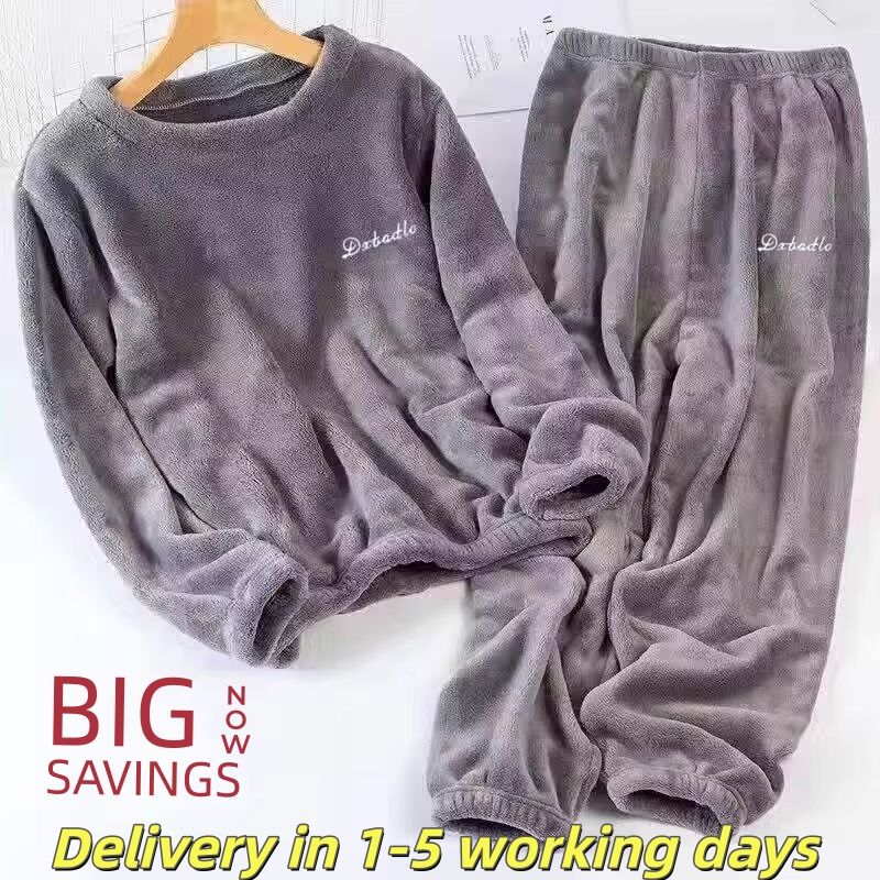 2 pieces set Pajamas Coral fleece men's and women's winter warm and plush thick loose home clothes sleepwear sportswear outerwear