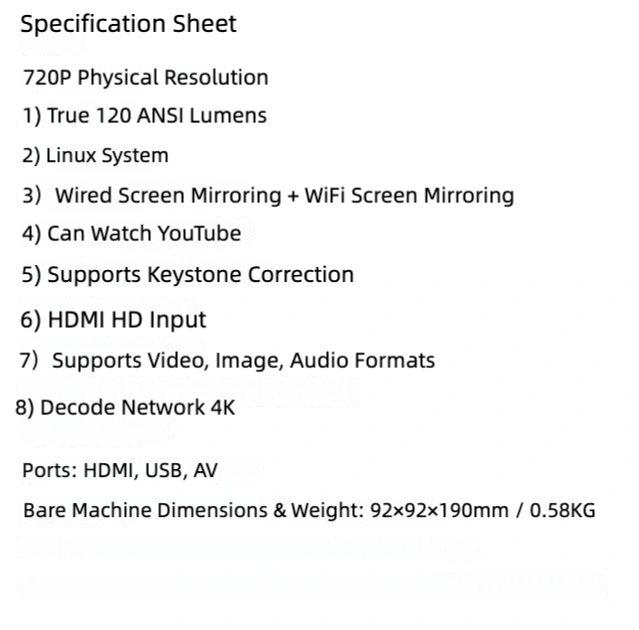 Mini ultra-high-definition portable screen mirroring projector, wireless projection, HDMI connection, USB flash drive support, 720P resolution,1HDMI line as gift