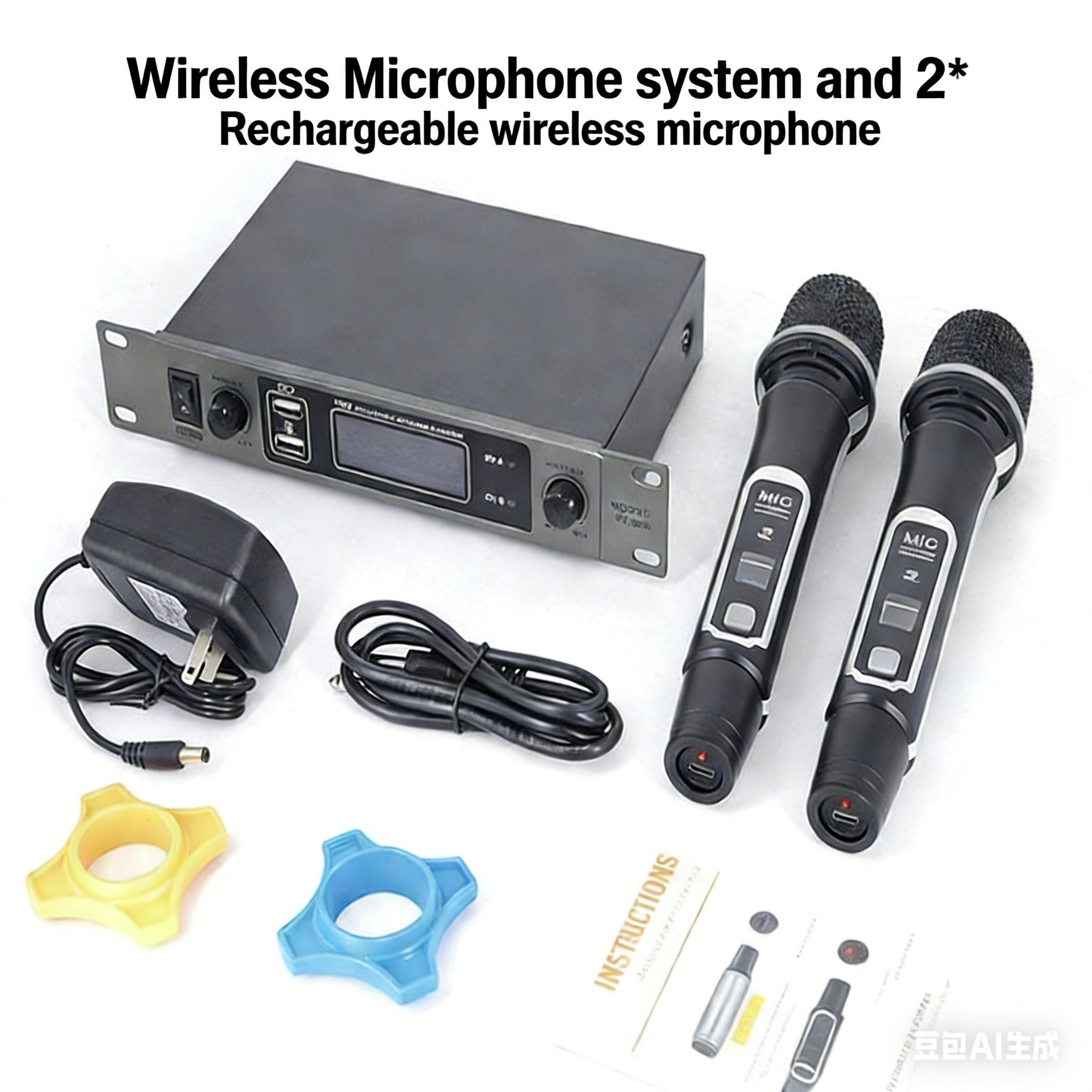 Vp 606 Wireless Microphone system and 2* Rechargeable wireless microphones set, 2-in-1 Set Rechargeable Handheld Mic for Home KTV & Singing