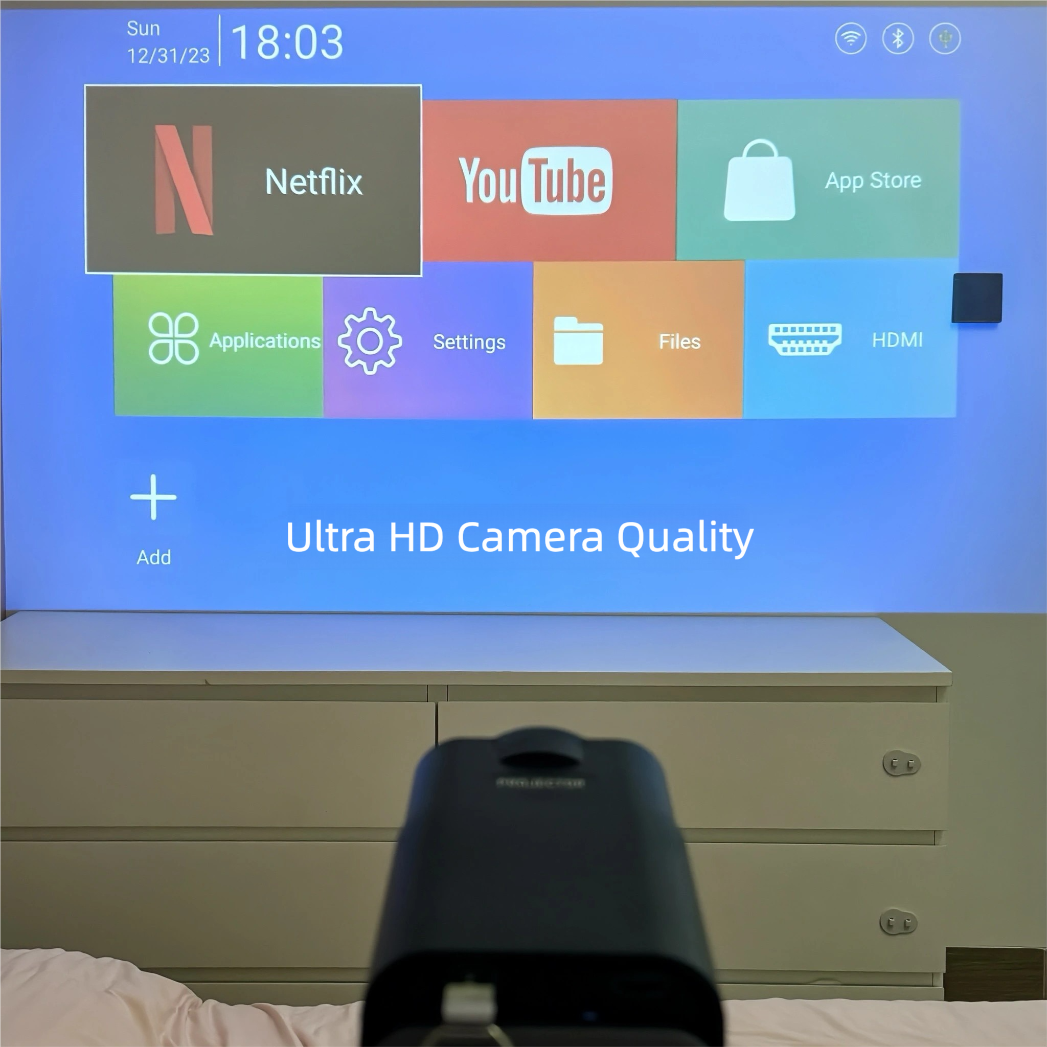 Portable Projector | Local 1280x720 Resolution, Supports 4K Decoding, Built-in Speakers, Desktop Stand, 180° Rotation, Fast Focus, Keystone Correction, USB and Remote Control,1 HMDI line as Gift