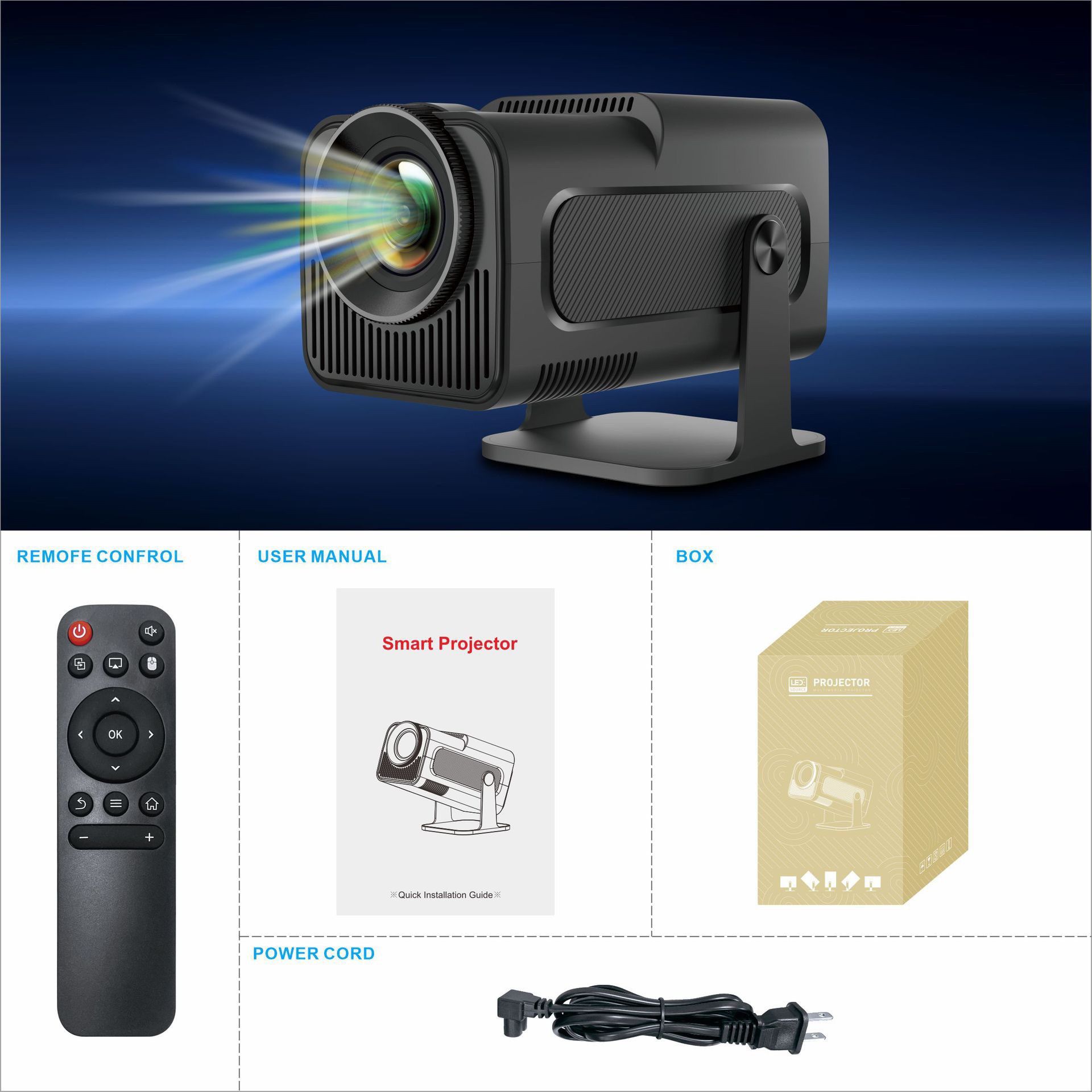 Portable Projector | Local 1280x720 Resolution, Supports 4K Decoding, Built-in Speakers, Desktop Stand, 180° Rotation, Fast Focus, Keystone Correction, USB and Remote Control,1 HMDI line as Gift