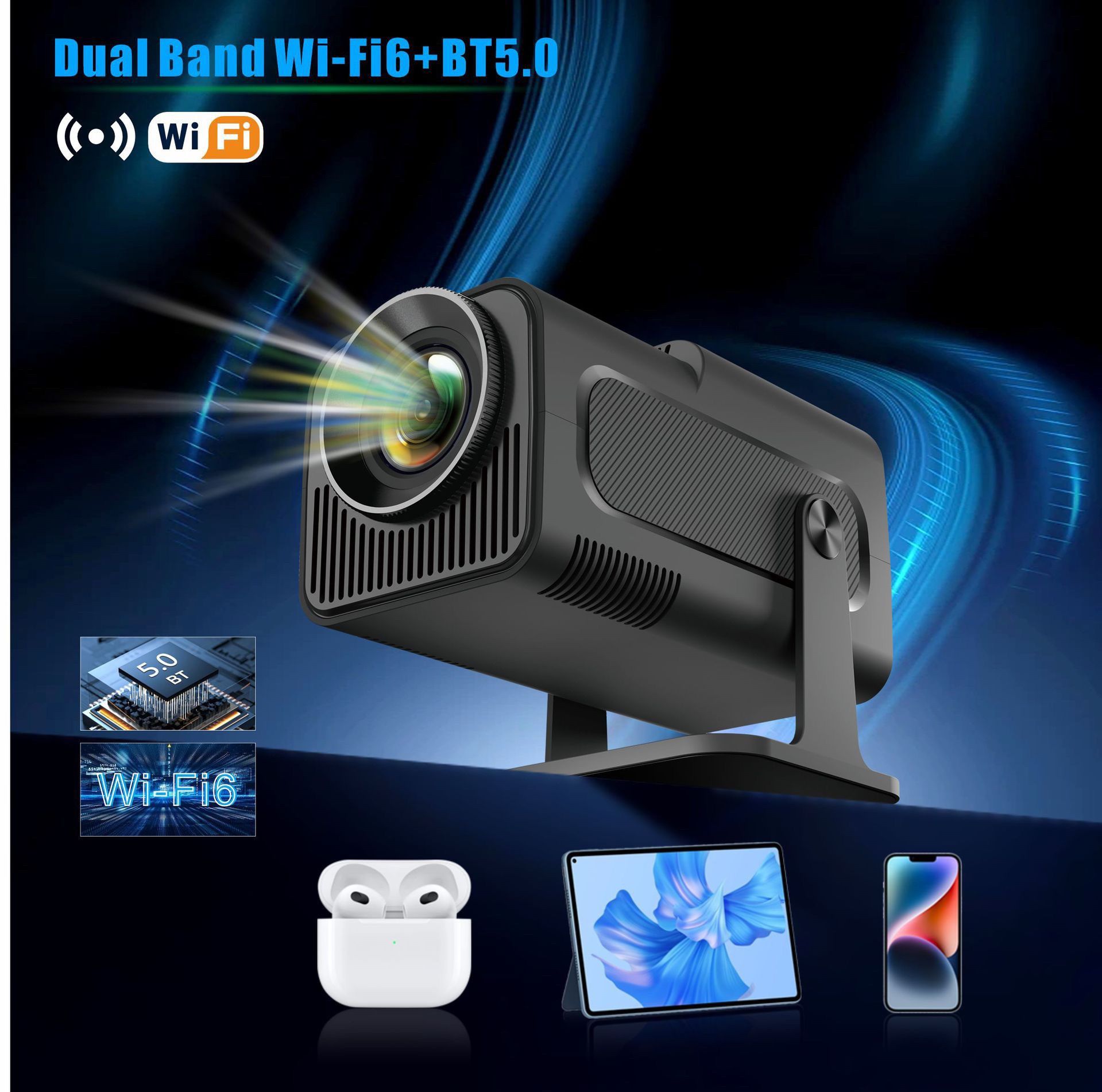 Portable Projector | Local 1280x720 Resolution, Supports 4K Decoding, Built-in Speakers, Desktop Stand, 180° Rotation, Fast Focus, Keystone Correction, USB and Remote Control,1 HMDI line as Gift