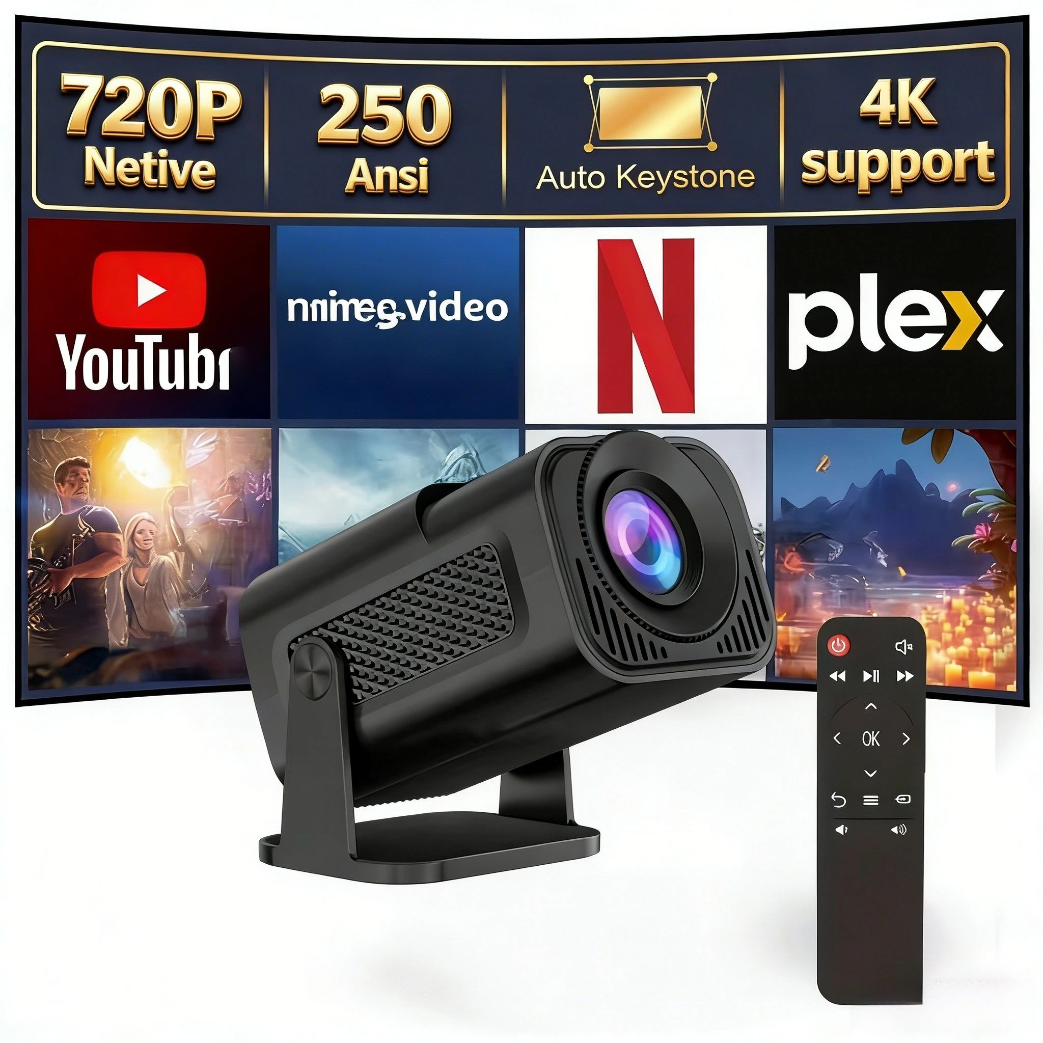 Portable Projector | Local 1280x720 Resolution, Supports 4K Decoding, Built-in Speakers, Desktop Stand, 180° Rotation, Fast Focus, Keystone Correction, USB and Remote Control,1 HMDI line as Gift