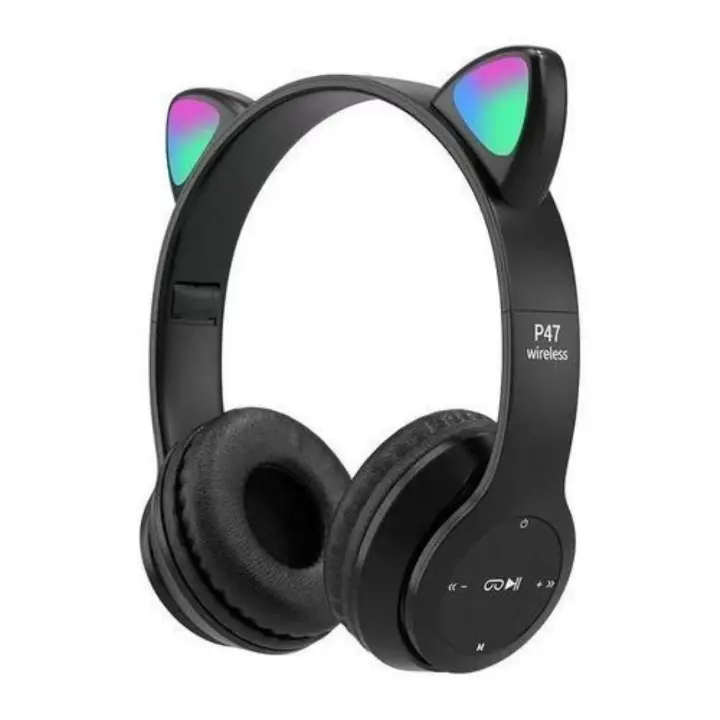 P47 Cat Ear Bluetooth Wireless Headphones – Stylish, Foldable, and RGB LED