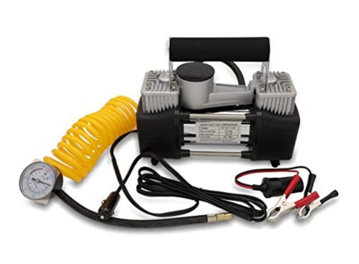 12V Portable Heavy-Duty Metal Tire Pump Double Cylinder Air Compressor, Black/Yellow