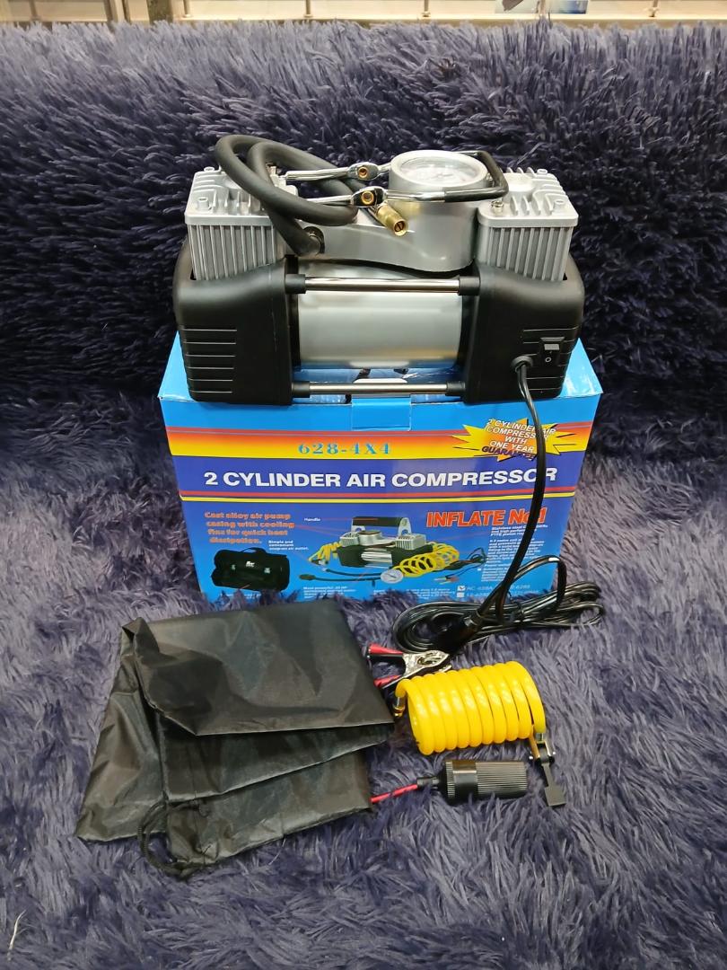 12V Portable Heavy-Duty Metal Tire Pump Double Cylinder Air Compressor, Black/Yellow