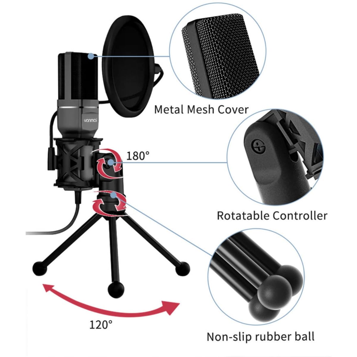 YANMAI SF-666R RGB USB Condenser Microphone – Omni-Directional Noise Cancelling Desktop Mic with LED Lights, Portable, Lightweight, Plug & Play for Streaming, Gaming, Podcasting