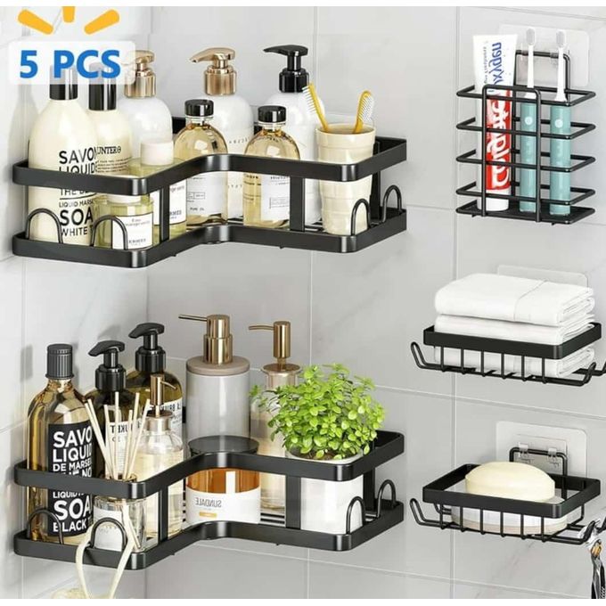 5pcs Set Shower Caddy Shelf/Bathroom Organizer With Adhesive Stickers
