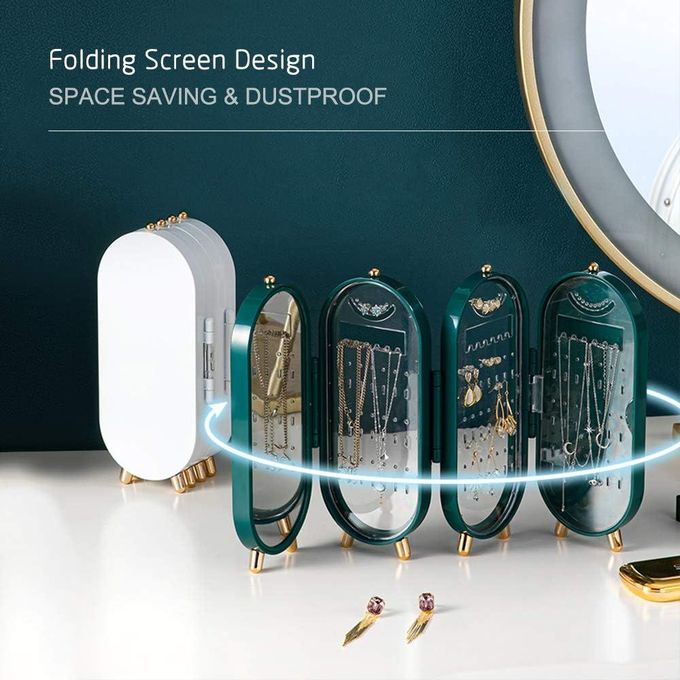 Foldable Earring Holder Jewelry Organizer Box with Mirror, 4-Layer Dustproof Earring Necklace Display Stand Jewelry Box with 153 Holes for Women and Girls
