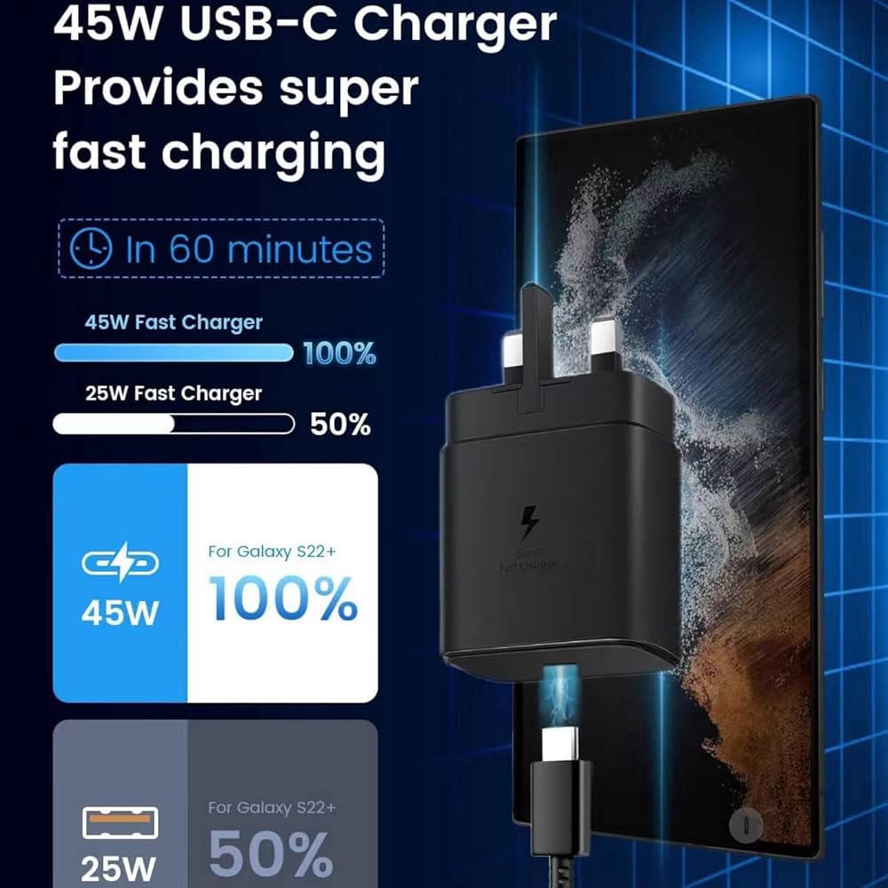 Samsung 45W Super Fast Charging 2.0 3 Pin Wall Charger Adapter with Type-C to Type-C Cable, USB-C PD Fast Charge for Galaxy S Ultra, Note Series & Compatible Devices