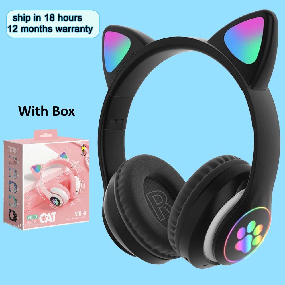 P47 Cat Ear Wireless Bluetooth Headphones with LED Light Up Ears, Foldable Over-Ear Stereo Headset, Built-In Mic, TF Card & FM Radio Support for Kids & Girls