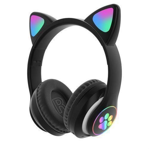 P47 Cat Ear Wireless Bluetooth Headphones with LED Light Up Ears, Foldable Over-Ear Stereo Headset, Built-In Mic, TF Card & FM Radio Support for Kids & Girls