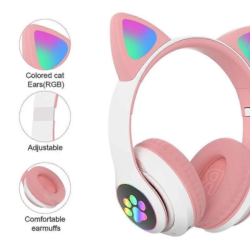 P47 Cat Ear Wireless Bluetooth Headphones with LED Light Up Ears, Foldable Over-Ear Stereo Headset, Built-In Mic, TF Card & FM Radio Support for Kids & Girls