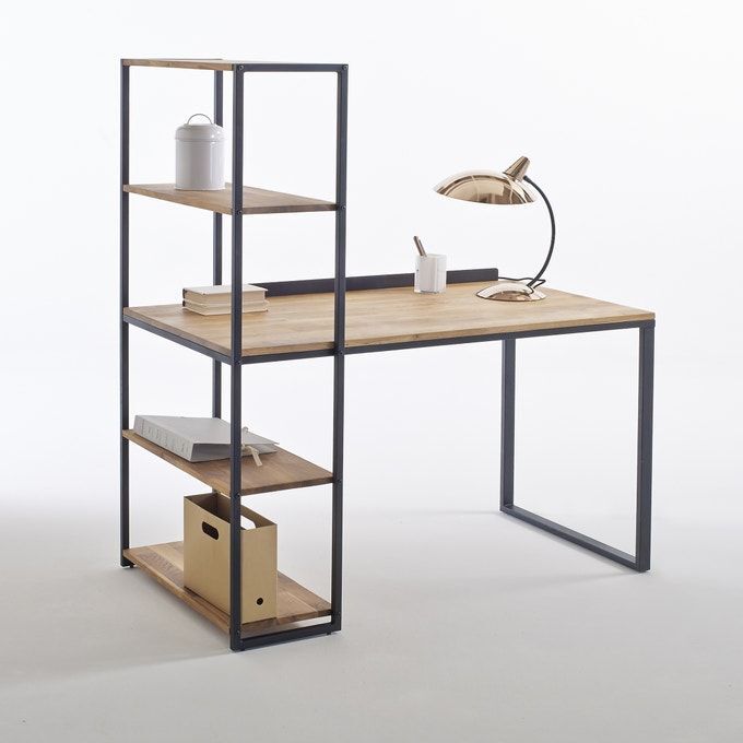Elegant Metal Frame Wooden Top office desk.Industrial Chic Wood & Metal Shaped Desk with Integrated Shelving Unit
