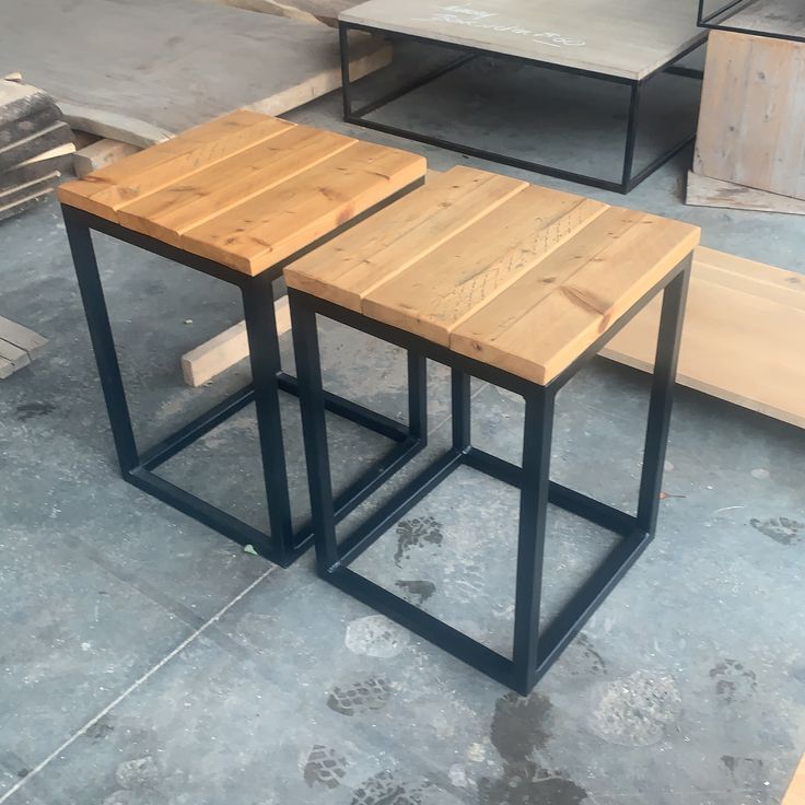 Wooden Top Metal Frame Side Tables